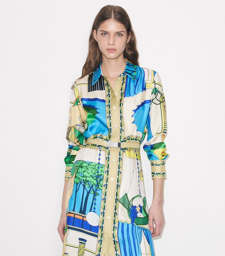 Tory Burch diseñador vestidos Vestido camisero de seda estampada en The Pool Blue detalle en modelo