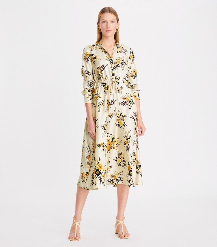 Tory Burch diseñador vestidos Vestido camisero de seda estampada en French Cream Multi frente en modelo