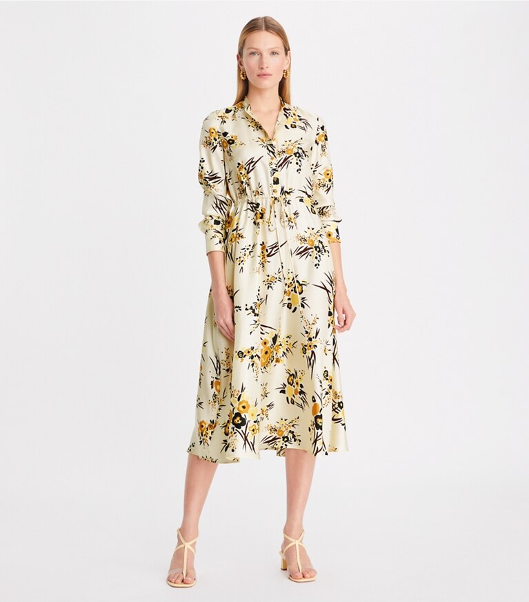Tory Burch diseñador vestidos Vestido camisero de seda estampada en French Cream Multi frente en modelo
