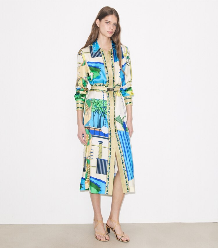 Tory Burch diseñador vestidos Vestido camisero de seda estampada en The Pool Blue frente en modelo