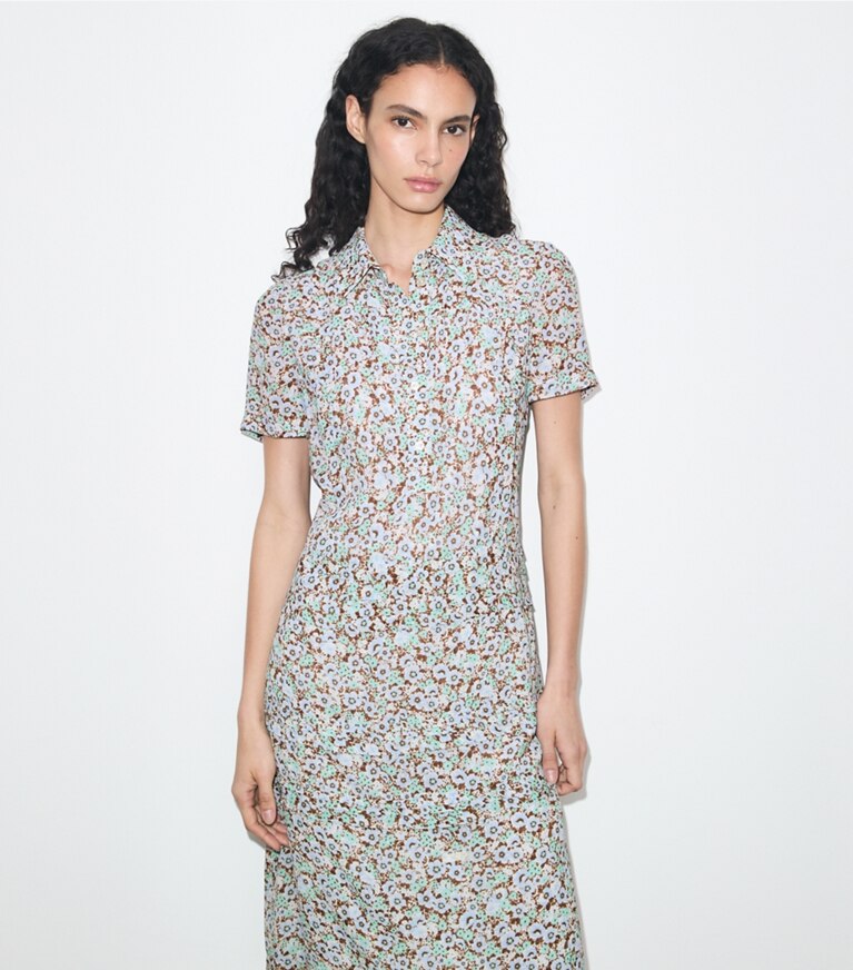 Tory Burch diseñador vestidos Vestido camisero de viscosa estampada en Blue Floral detalle en modelo