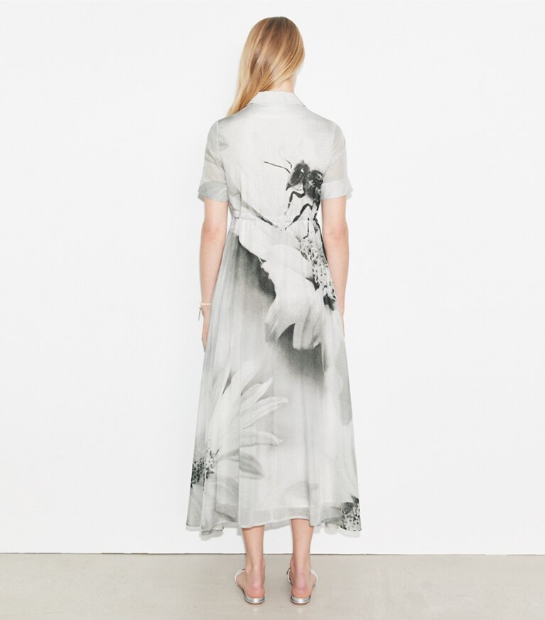 Tory Burch diseñador vestidos Vestido camisero de voile de algodón y seda en Gray Bee parte posterior en modelo