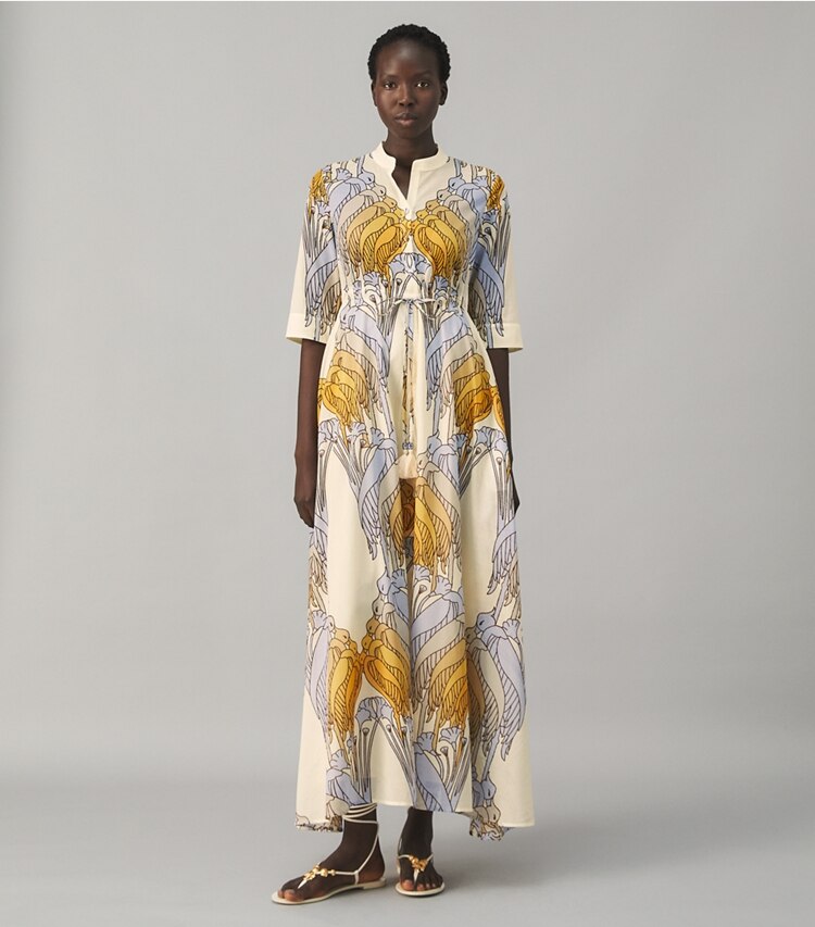 Tory Burch diseñador vestidos Vestido camisero estampado en SAND DECO CRANE GEO frente en modelo