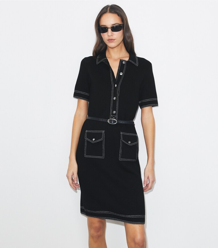 Tory Burch diseñador vestidos Vestido campestre de lana con pespuntes en Black detalle en modelo