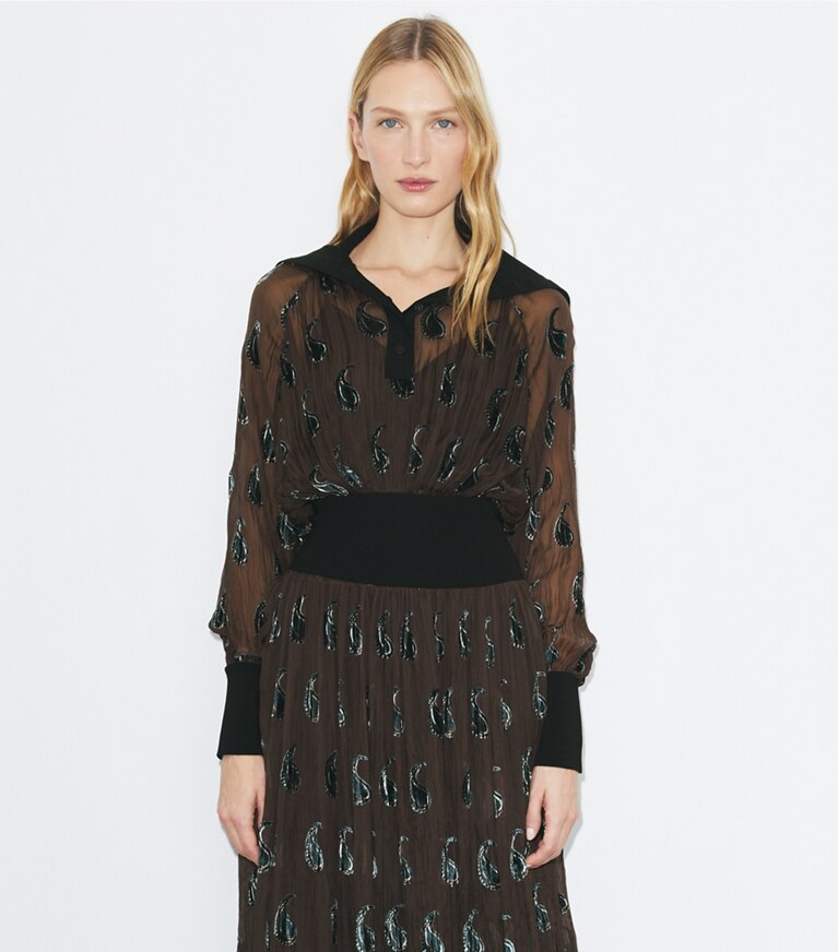 Tory Burch diseñador vestidos Vestido con cintura acanalada en Brown Paisley detalle en modelo