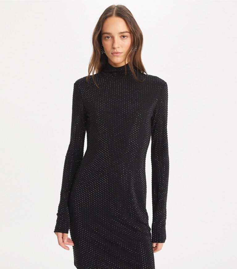 Tory Burch diseñador vestidos Vestido con cuello alto de viscosa con adornos en Black detalle en modelo