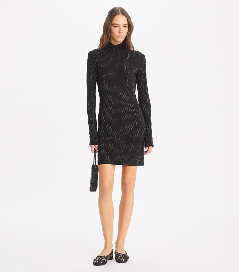 Tory Burch diseñador vestidos Vestido con cuello alto de viscosa con adornos en Black frente en modelo
