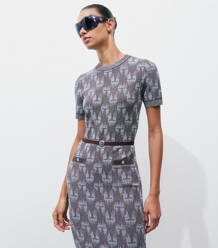 Tory Burch diseñador vestidos Vestido con logotipo de jacquard en Cool Mist / Chocolate detalle en modelo