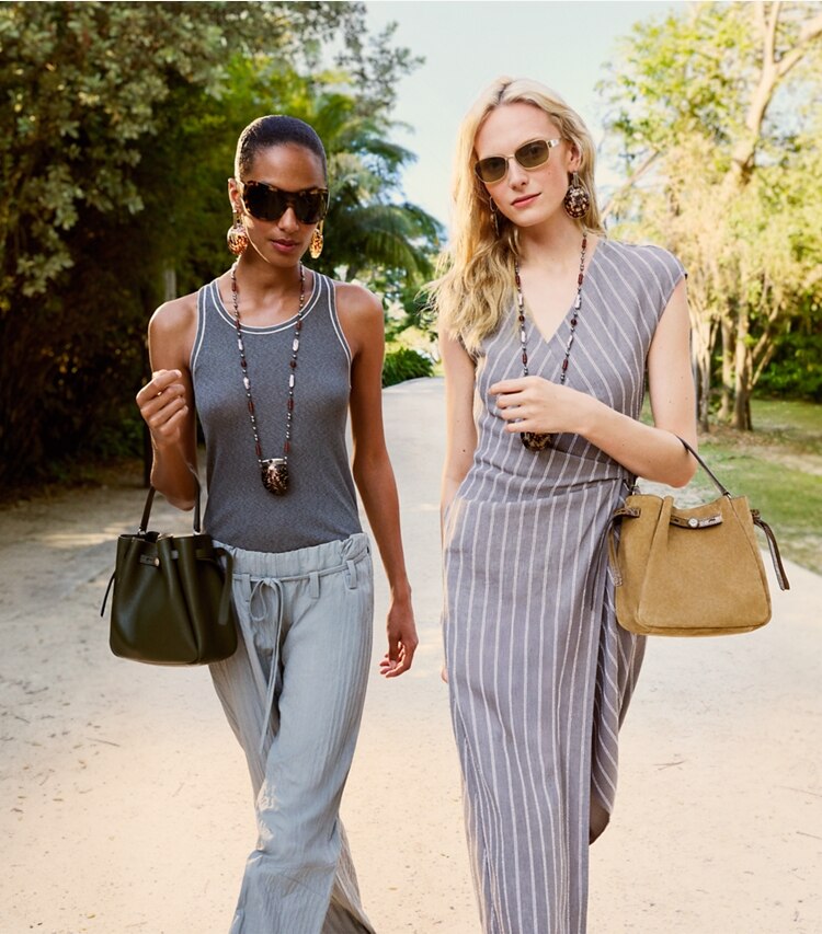 Tory Burch diseñador vestidos Vestido cruzado de algodón en Gray / Ivory Stripe campaña