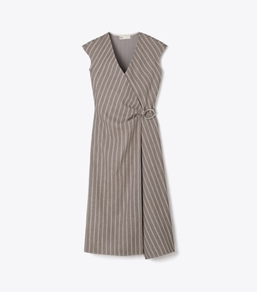 Tory Burch diseñador vestidos Vestido cruzado de algodón en Gray / Ivory Stripe frente