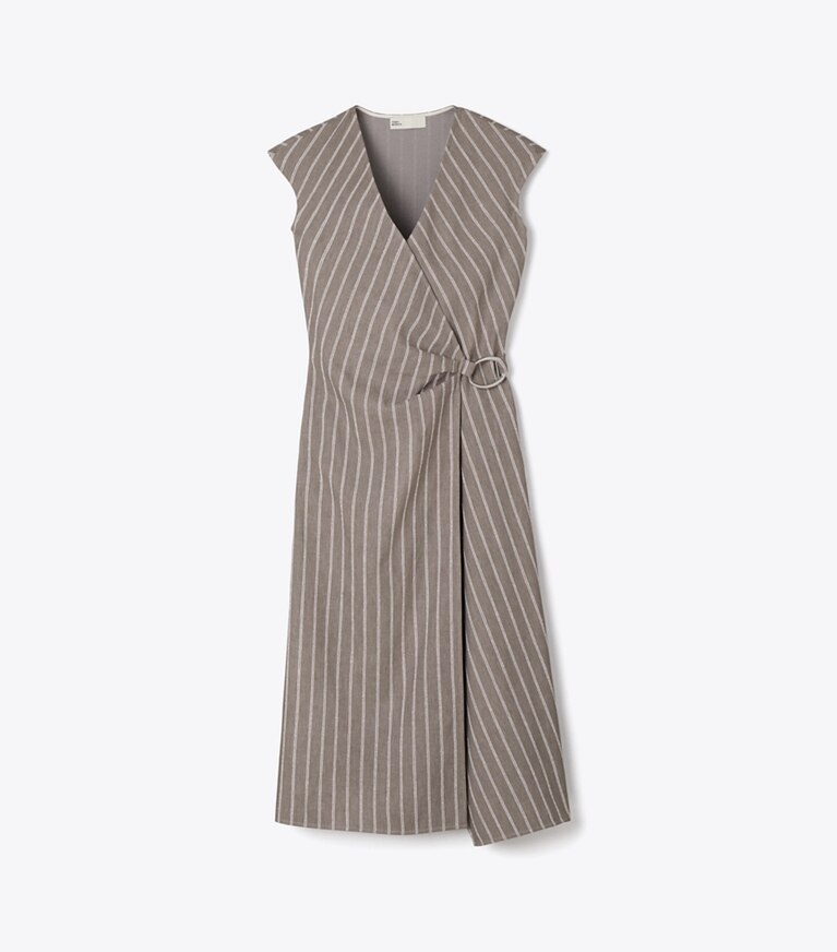 Tory Burch diseñador vestidos Vestido cruzado de algodón en Gray / Ivory Stripe frente