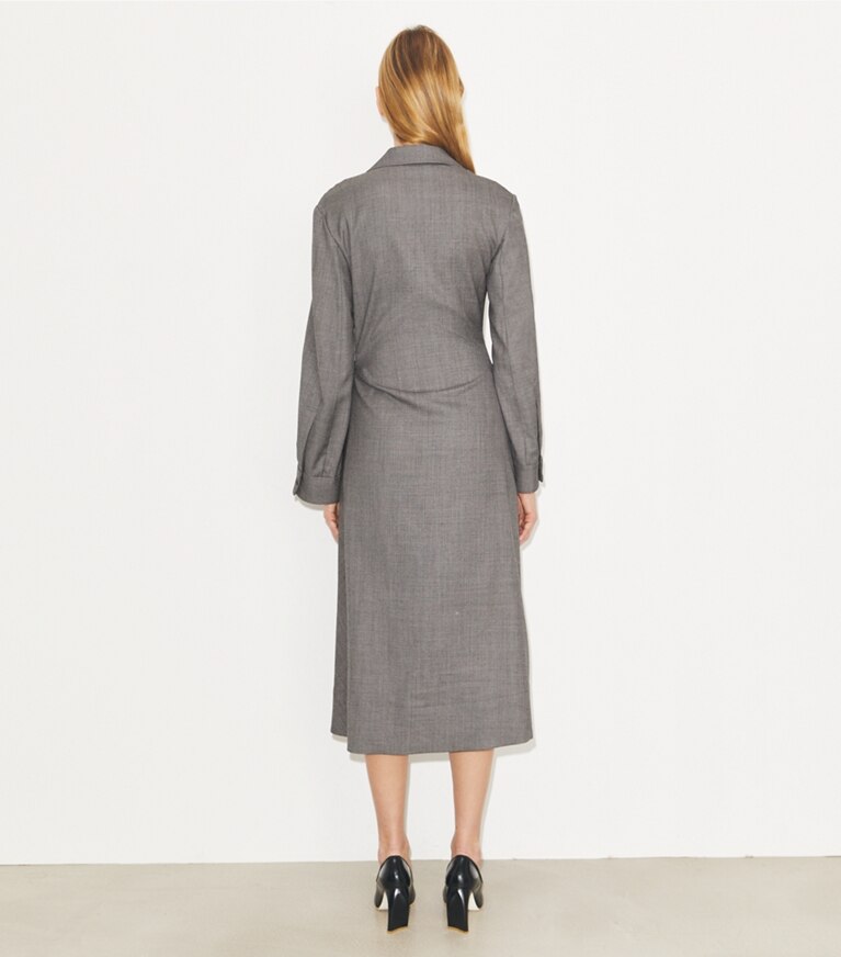 Tory Burch diseñador vestidos Vestido cruzado de lana en Black / Gray parte posterior en modelo