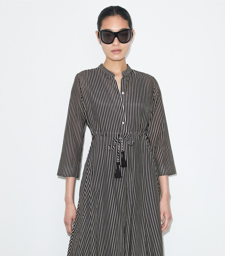 Tory Burch diseñador vestidos Vestido de algodón a rayas en Black Stripe detalle en modelo