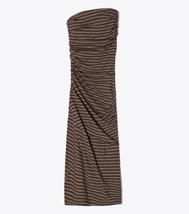 Tory Burch diseñador vestidos Vestido de algodón a rayas sin tirantes en Brown / Navy / White Youth Stripe frente