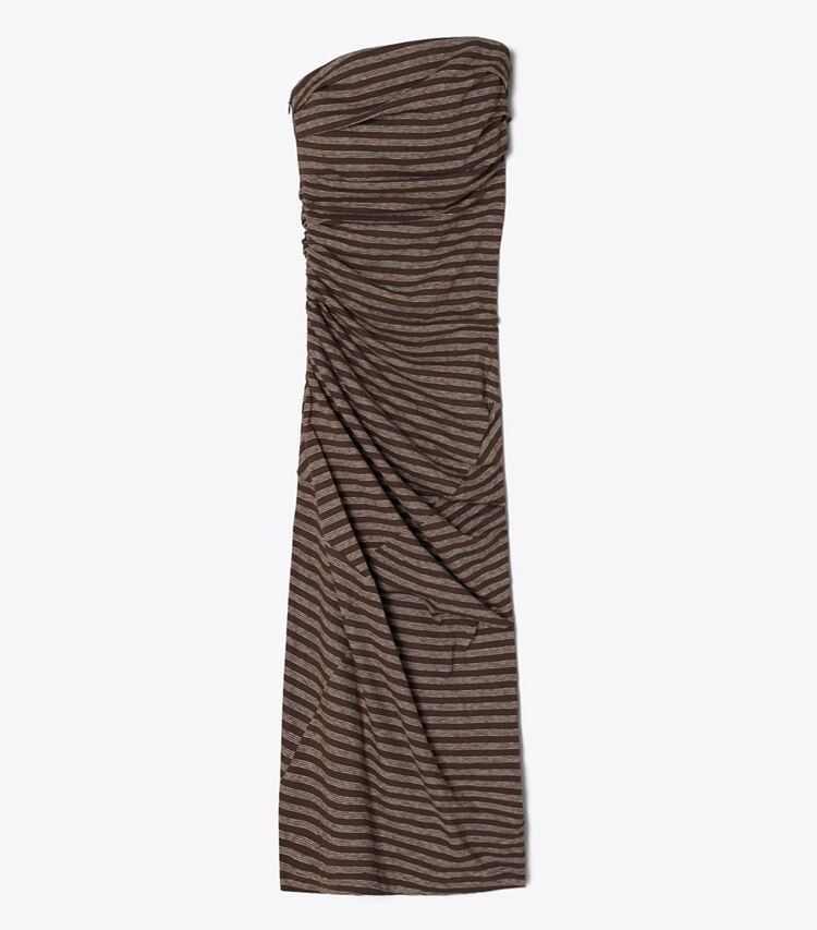 Tory Burch diseñador vestidos Vestido de algodón a rayas sin tirantes en Brown / Navy / White Youth Stripe frente