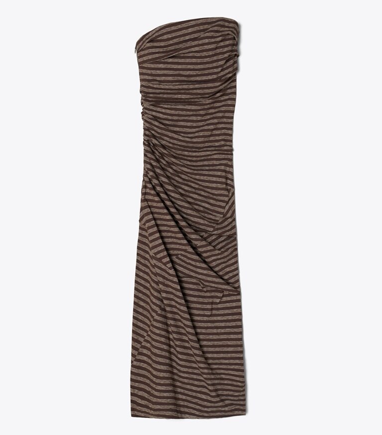 Tory Burch diseñador vestidos Vestido de algodón a rayas sin tirantes en Brown / Navy / White Youth Stripe frente