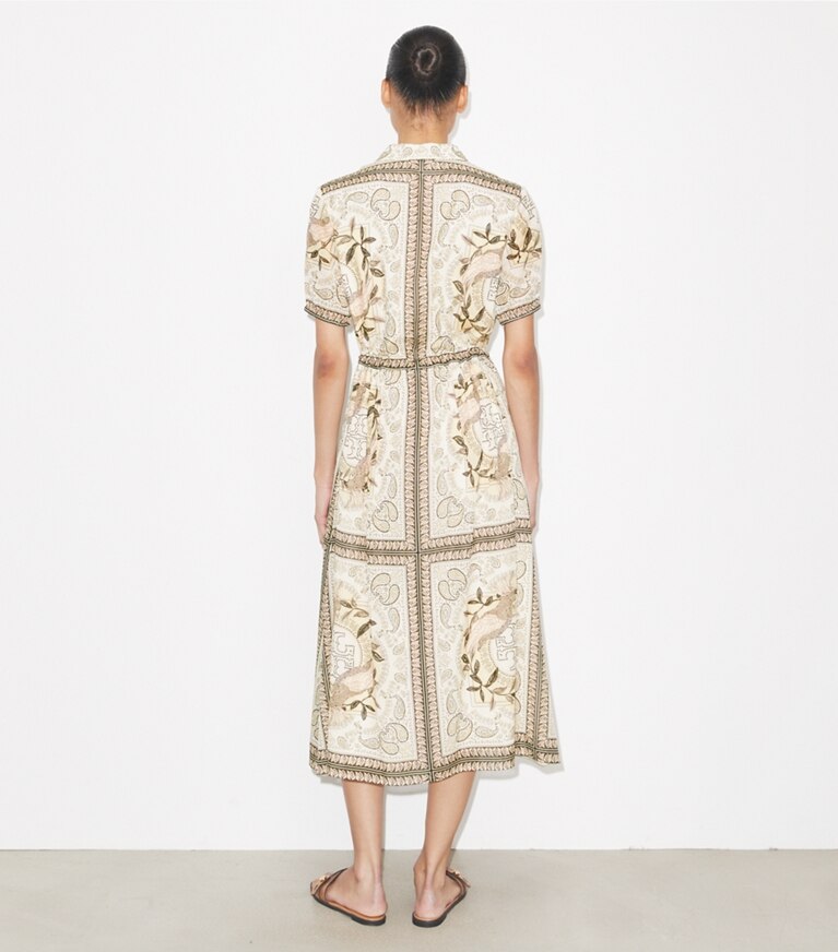 Tory Burch diseñador vestidos Vestido de algodón ceñido con cremallera en Pink Cockatoo parte posterior en modelo