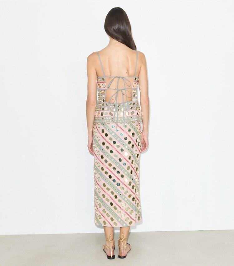 Tory Burch diseñador vestidos Vestido de algodón con adorno espejado en Pink / Gray parte posterior en modelo
