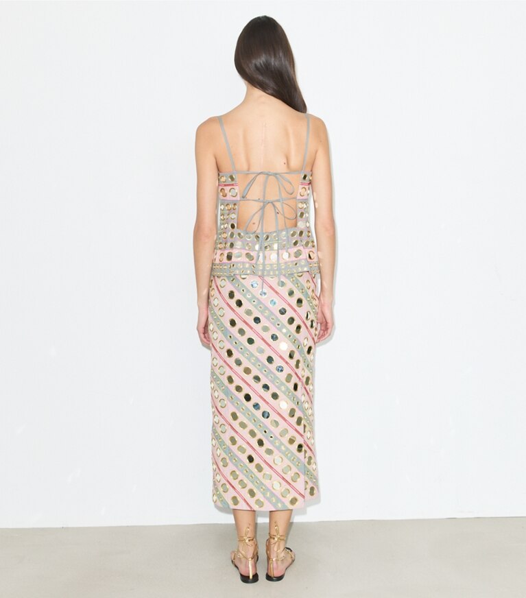 Tory Burch diseñador vestidos Vestido de algodón con adorno espejado en Pink / Gray parte posterior en modelo