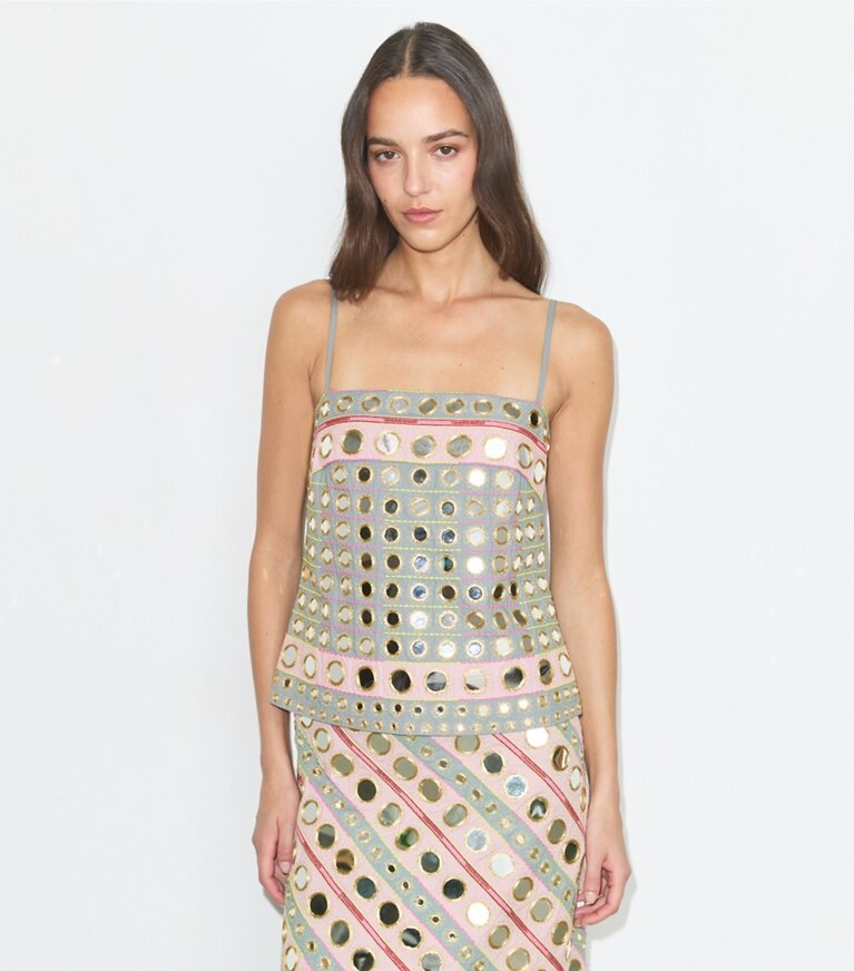 Tory Burch diseñador vestidos Vestido de algodón con adorno espejado en Pink / Gray detalle en modelo