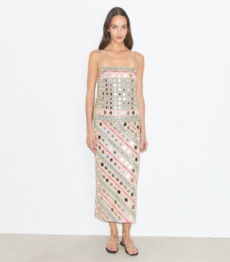 Tory Burch diseñador vestidos Vestido de algodón con adorno espejado en Pink / Gray frente en modelo