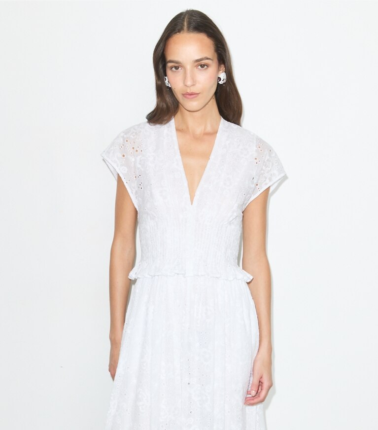 Tory Burch diseñador vestidos Vestido de algodón con ojales en White detalle en modelo