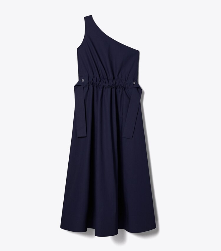 Tory Burch diseñador vestidos Vestido de algodón de un solo hombro con cinturón en Medium Navy frente