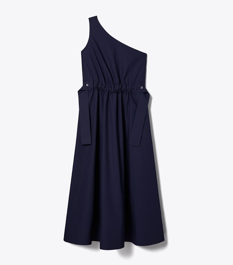 Tory Burch diseñador vestidos Vestido de algodón de un solo hombro con cinturón en Medium Navy frente