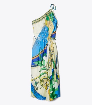 Tory Burch diseñador ropa de playa Vestido de algodón estampado con un solo hombro en The Pool Blue frente