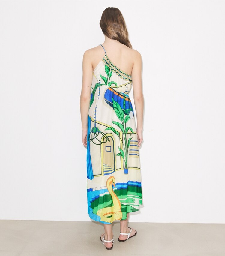 Tory Burch diseñador ropa de playa Vestido de algodón estampado con un solo hombro en The Pool Blue parte posterior en modelo