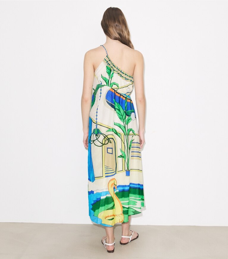 Tory Burch diseñador ropa de playa Vestido de algodón estampado con un solo hombro en The Pool Blue parte posterior en modelo