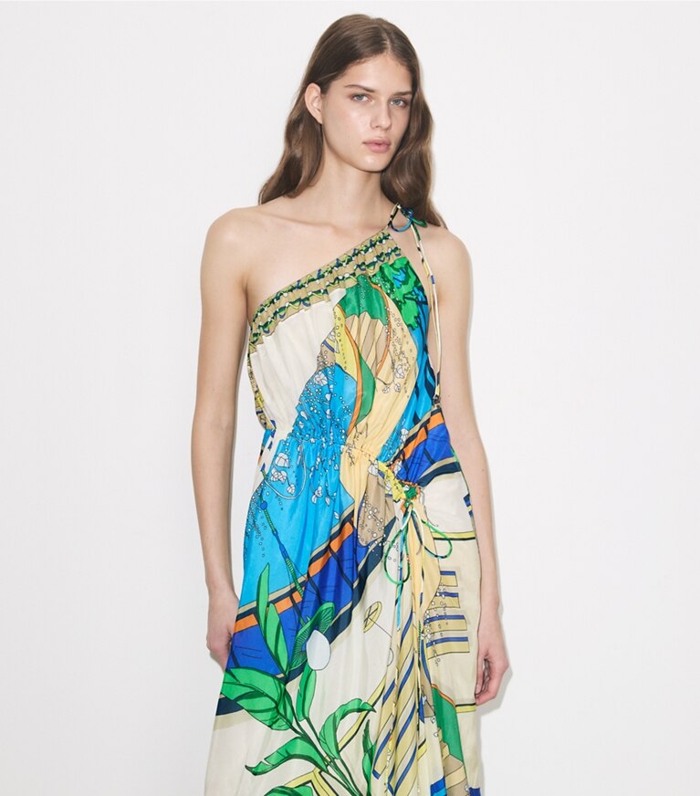 Tory Burch diseñador ropa de playa Vestido de algodón estampado con un solo hombro en The Pool Blue detalle en modelo
