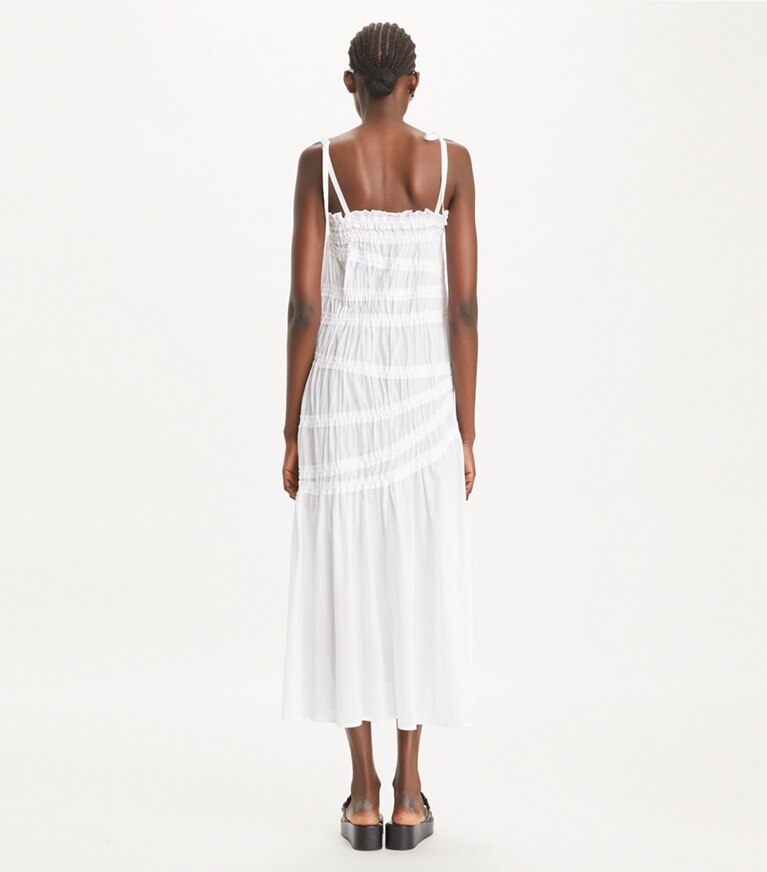 Tory Burch diseñador vestidos Vestido de algodón fruncido con lazo en los hombros en White parte posterior en modelo