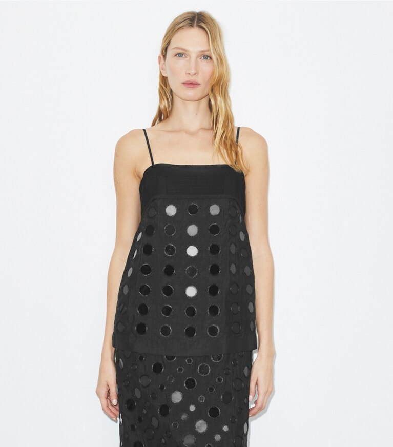 Tory Burch diseñador vestidos Vestido de capas con trabajo de espejos hechos a mano en Black detalle en modelo