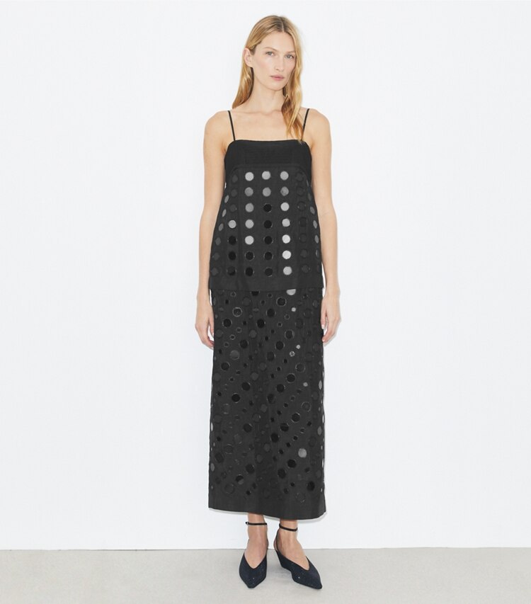 Tory Burch diseñador vestidos Vestido de capas con trabajo de espejos hechos a mano en Black frente en modelo