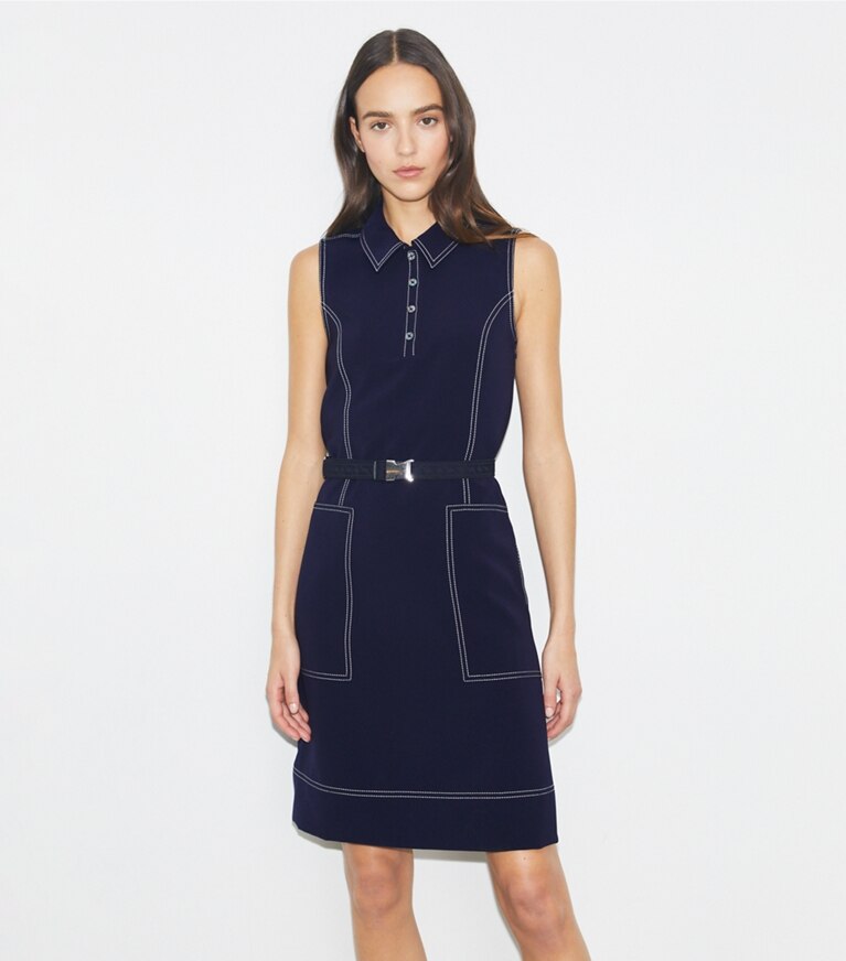 Tory Burch diseñador vestidos Vestido de golf con puntadas Pick en Tory Navy detalle en modelo