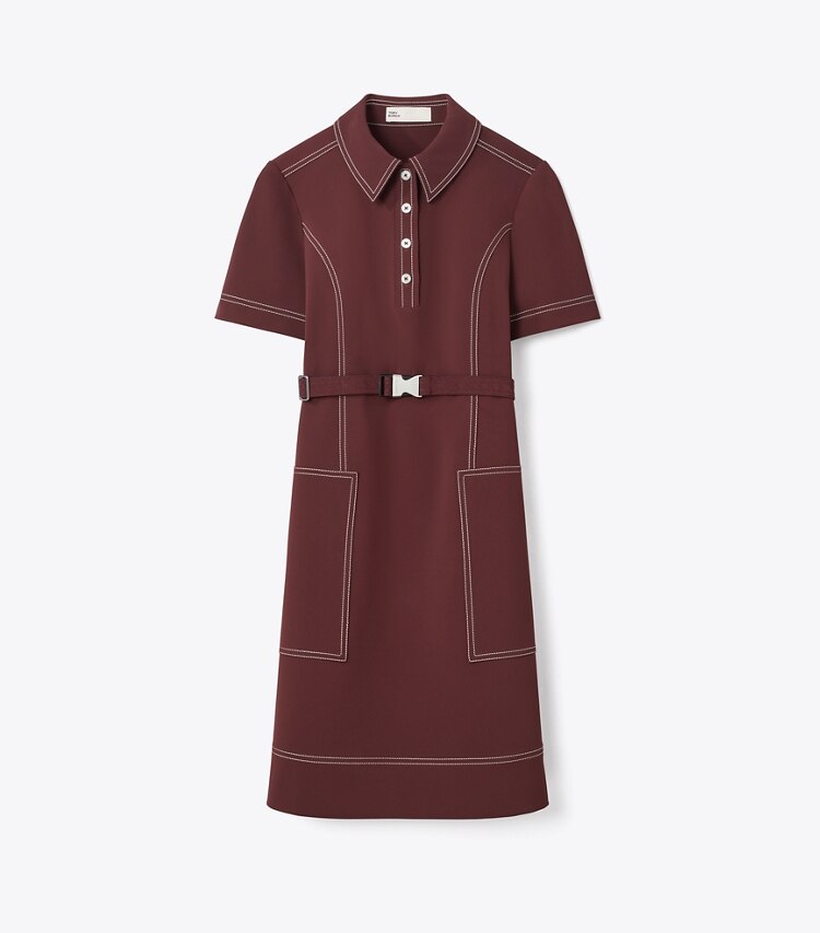 Tory Burch diseñador vestidos Vestido de golf de manga corta con pespuntes en Dark Sangria frente