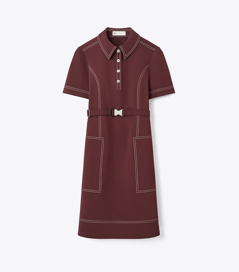 Tory Burch diseñador vestidos Vestido de golf de manga corta con pespuntes en Dark Sangria frente