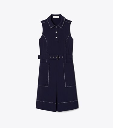 Tory Burch diseñador vestidos Vestido de golf elástico Pick Stitch en Deep Navy frontal