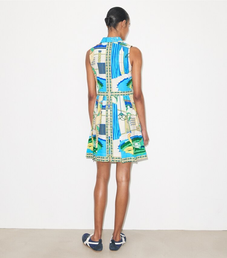 Tory Burch diseñador vestidos Vestido de golf estampado en The Pool Blue parte posterior en modelo