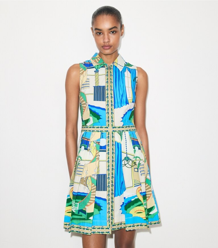 Tory Burch diseñador vestidos Vestido de golf estampado en The Pool Blue detalle en modelo