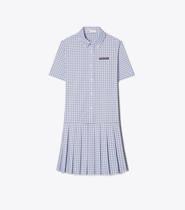 Tory Burch diseñador vestidos Vestido de golf plisado a cuadros con cintura baja en Light Blue Plaid frente