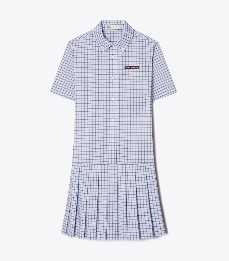 Tory Burch diseñador vestidos Vestido de golf plisado a cuadros con cintura baja en Light Blue Plaid frente