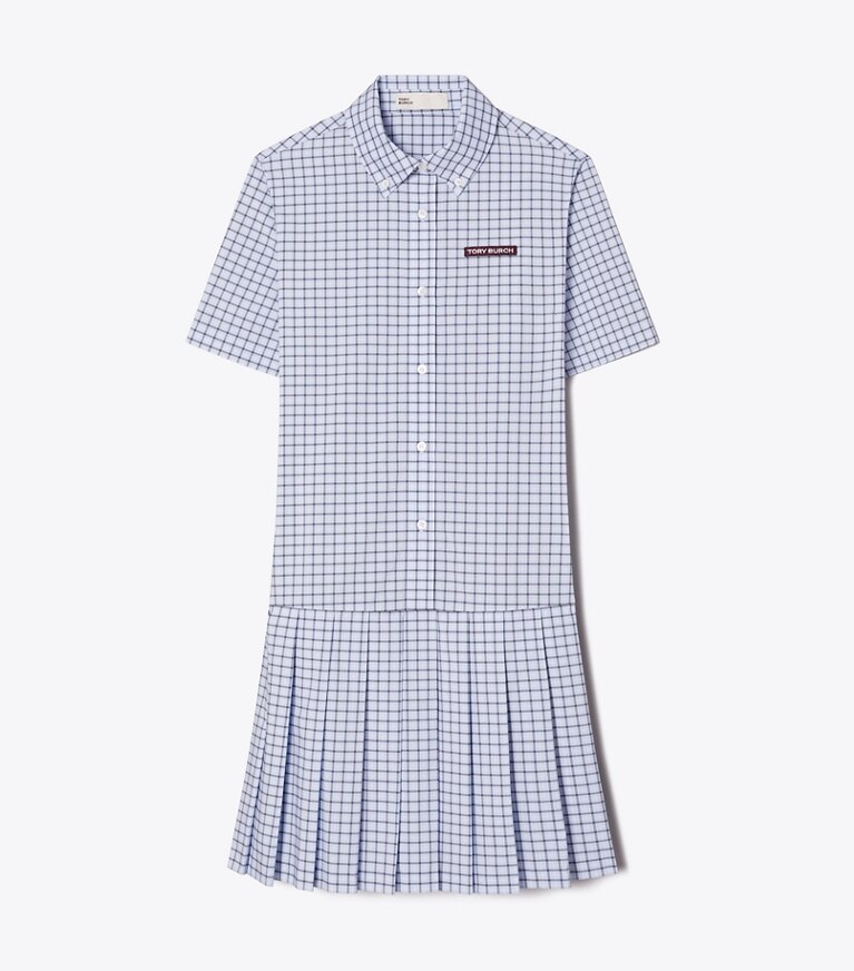 Tory Burch diseñador vestidos Vestido de golf plisado a cuadros con cintura baja en Light Blue Plaid frente