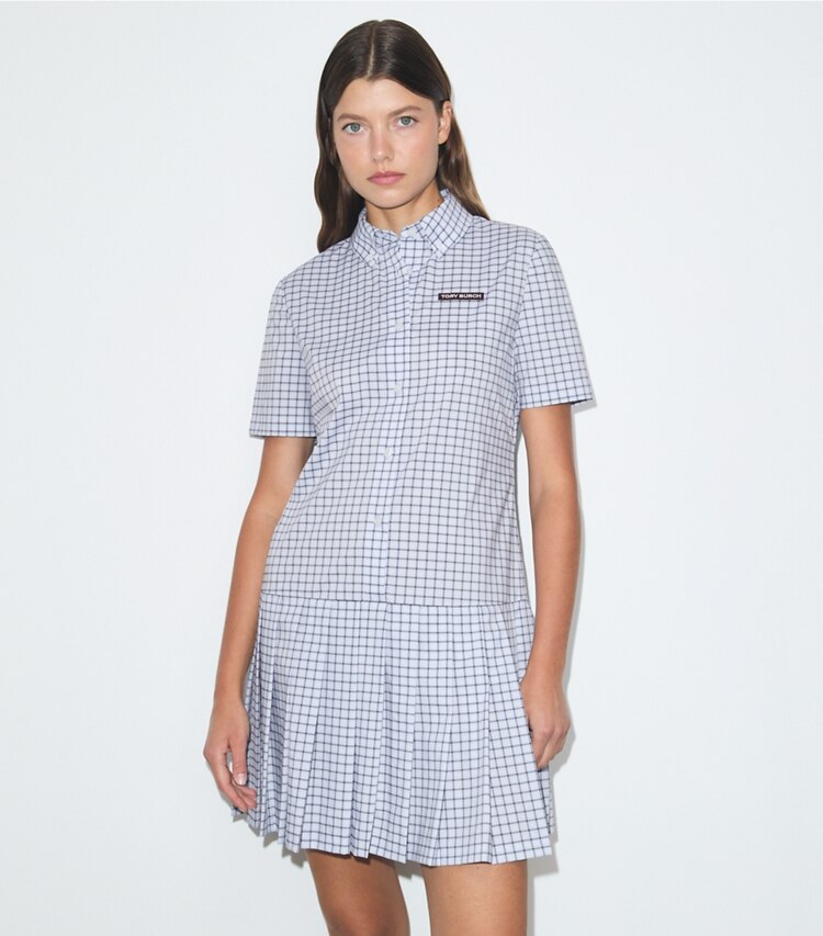 Tory Burch diseñador vestidos Vestido de golf plisado a cuadros con cintura baja en Light Blue Plaid detalle en modelo