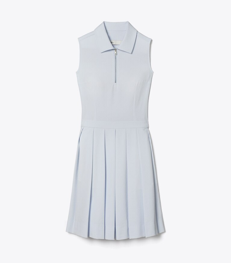 Tory Sport diseñador vestidos Vestido de golf plisado de jacquard con monograma en forma de T en Light Blue T Monogram Mini Sport frente