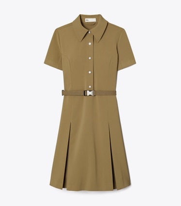 Tory Burch diseñador vestidos Vestido de golf plisado de manga corta en Olive frente