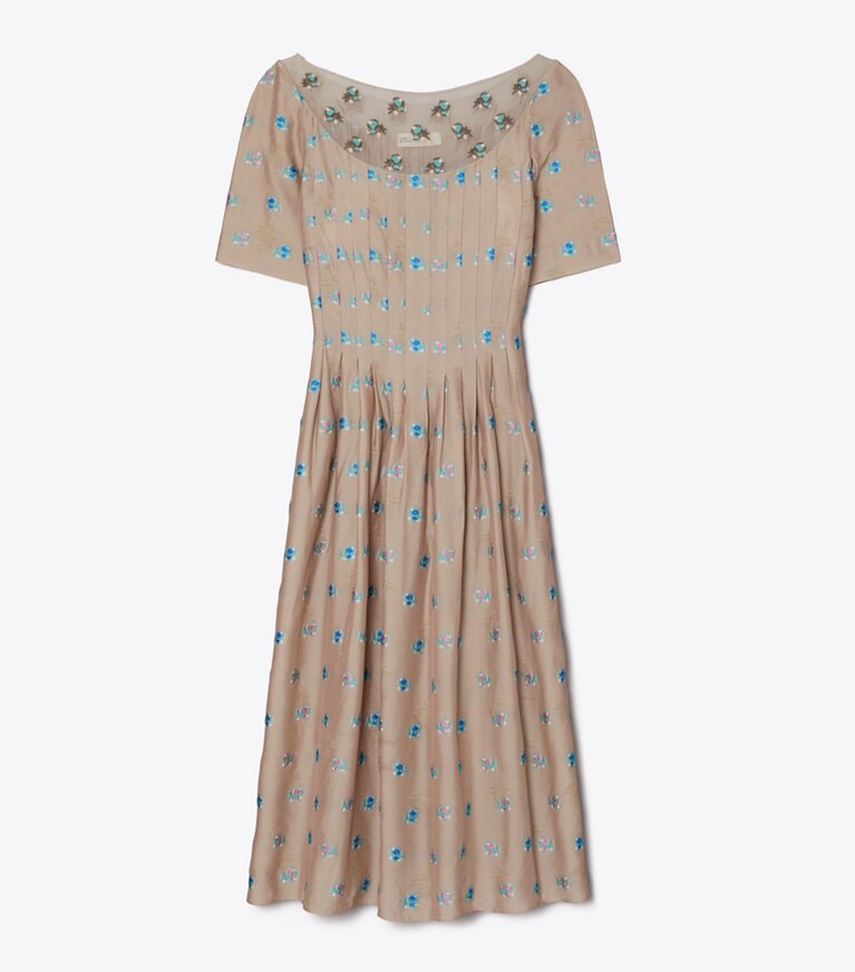 Tory Burch diseñador vestidos Vestido de jacquard bordado en Brown Rose frente