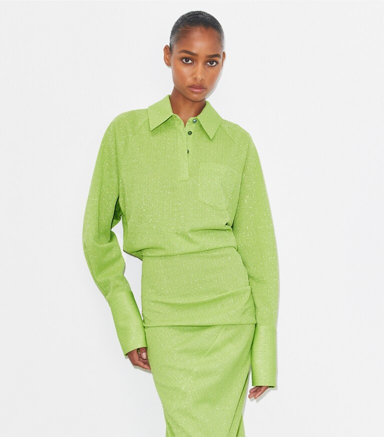 Tory Burch diseñador vestidos Vestido de jacquard con puños en Bright Green detalle en modelo