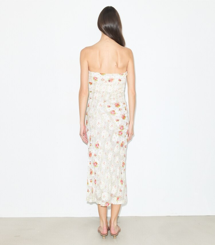 Tory Burch diseñador vestidos Vestido de jacquard de algodón sin breteles en Multi Floral parte posterior en modelo